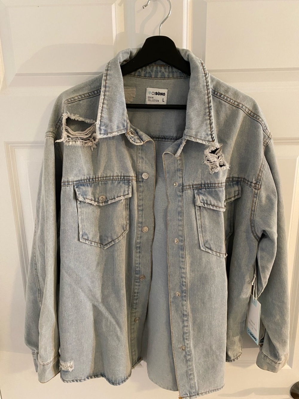 Ci Sono Light Blue Denim Jacket Distressed Shacket L